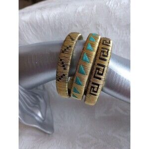 Woven Wire Bangles W 850 Silver Caps Geometric Design Set of 3